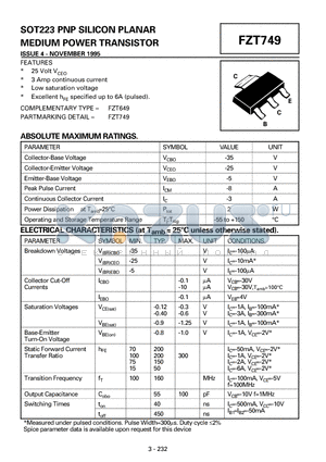 FZT749 datasheet - SOT223 PNP SILICON PLANAR MEDIUM POWER TRANSISTOR