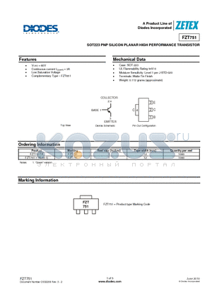 FZT751 datasheet - SOT223 PNP SILICON PLANAR HIGH PERFORMANCE TRANSISTOR