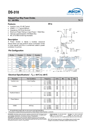 DS-310 datasheet - Flatpack Four-Way Power Divider, 0.2 - 300 MHz