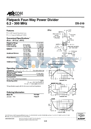 DS-310 datasheet - Flatpack Four-Way Power Divider 0.2 - 300 MHz