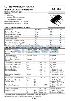 FZT758 datasheet - SOT223 PNP SILICON PLANAR HIGH VOLTAGE TRANSISTOR