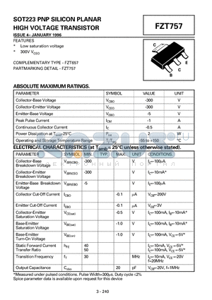 FZT757 datasheet - PNP SILICON PLANAR HIGH VOLTAGE TRANSISTOR