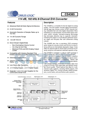 CS4385-DQZR datasheet - 114 dB, 192 kHz 8-Channel D/A Converter