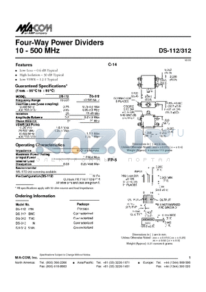 DS-312TNC datasheet - Four-Way Power Dividers 10 - 500 MHz