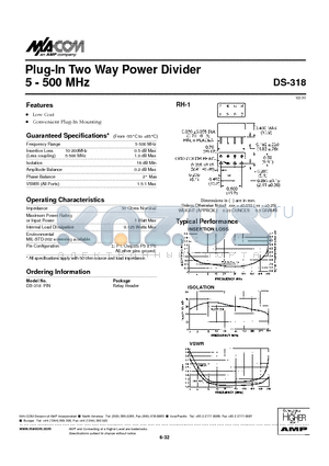 DS-318 datasheet - Plug-In Two Way Power Divider 5 - 500 MHz