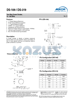 DS-319PIN datasheet - Two-Way Power Divider, 10 - 500 MHz