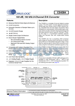 CS4384-CQZR datasheet - 103 dB, 192 kHz 8-Channel D/A Converter