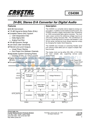 CS4390-KP datasheet - 24-Bit, Stereo D/A Converter for Digital Audio