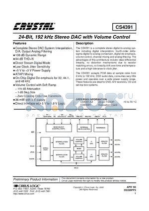 CS4391 datasheet - 24-Bit, 192 kHz Stereo DAC with Volume Control