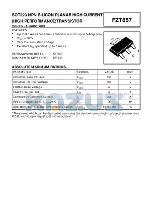 FZT857 datasheet - SOT223 NPN SILICON PLANAR HIGH CURRENT (HIGH PERFORMANCE)TRANSISTOR