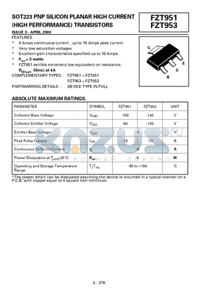 FZT951 datasheet - SOT223 PNP SILICON PLANAR HIGH CURRENT (HIGH PERFORMANCE) TRANSISTORS