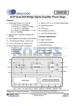 CS44130 datasheet - 60 W Quad Half-Bridge Digital Amplifier Power Stage