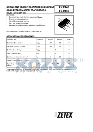 FZT949 datasheet - SOT223 PNP SILICON PLANAR HIGH CURRENT