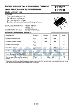 FZT957 datasheet - PNP SILICON PLANAR HIGH CURRENT (HIGH PERFORMANCE) TRANSISTORS