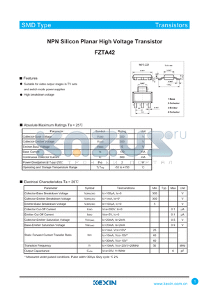 FZTA42 datasheet - NPN Silicon Planar High Voltage Transistor