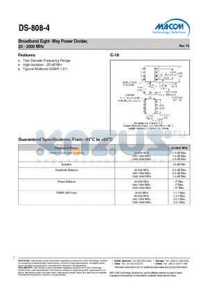 DS-808-4SMA datasheet - Broadband Eight -Way Power Divider, 20 - 2000 MHz