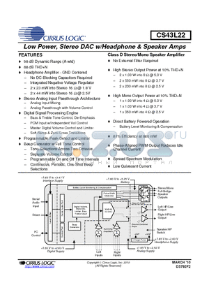 CS43L22_10 datasheet - Low Power, Stereo DAC w/Headphone & Speaker Amps