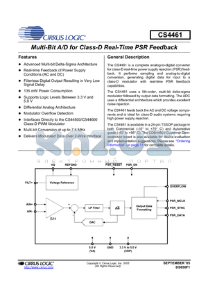 CS4461-CZZ datasheet - Multi-Bit A/D for Class-D Real-Time PSR Feedback