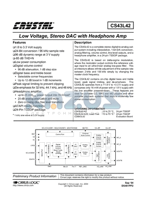 CS43L42 datasheet - Low Voltage,Stereo DAC With Headphone Amp