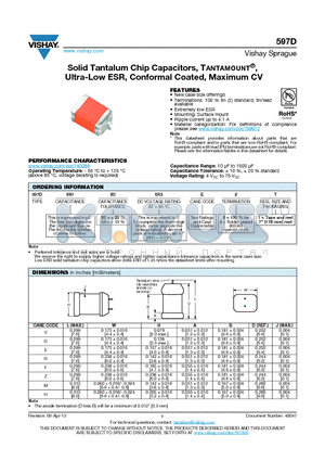 597D108X96R3R2T datasheet - Solid Tantalum Chip Capacitors, TANTAMOUNT^, Ultra-Low ESR, Conformal Coated, Maximum CV