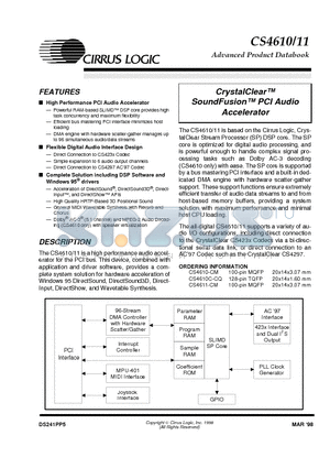 CS4611-CM datasheet - CrystalClear SoundFusion PCI Audio Accelerator