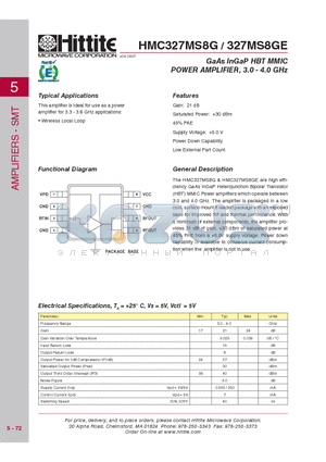 327MS8GE datasheet - GaAs InGaP HBT MMIC POWER AMPLIFIER, 3.0 - 4.0 GHz