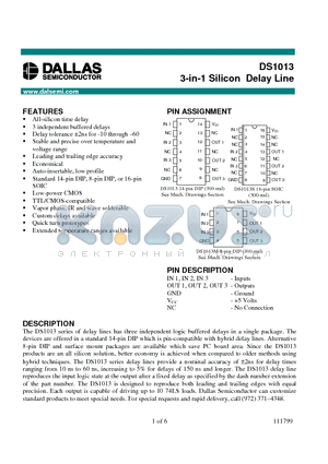 DS1013 datasheet - 3-in-1 Silicon Delay Line