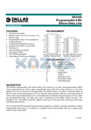 DS1020-15 datasheet - Programmable 8-Bit Silicon Delay Line