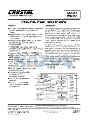 CS4954 datasheet - NTSC/PAL Digital Video Encoder