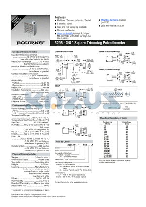 3296P-1-254ALF datasheet - 3296 - 3/8  Square Trimming Potentiometer - Bourns