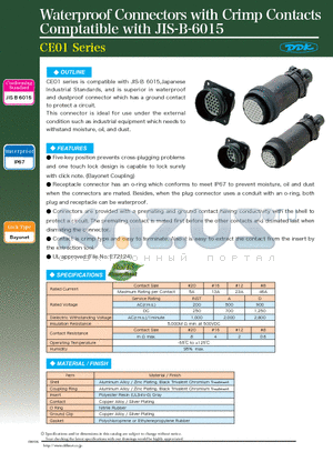 CE01 datasheet - Waterproof Connectors with Crimp Contacts Comptatible with JIS-B-6015