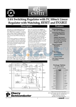 CS5111YDWFR24 datasheet - 1.4A Switching Regulator with 5V, 100mA Linear Regulator with Watchdog, RESET and ENABLE