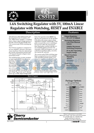CS5112EDWF24 datasheet - 1.4A Switching Regulator with 5V, 100mA Linear Regulator with Watchdog, RESET and ENABLE