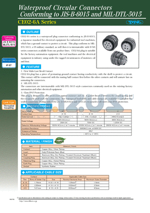 CE02-6A18-12DS-D datasheet - Waterproof Circular Connectors Conforming to JIS-B-6015 and MIL-DTL-5015