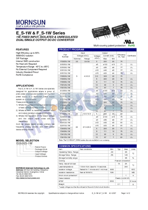 F0509S-1W datasheet - DUAL/SINGLE OUTPUT DC-DC CONVERTER