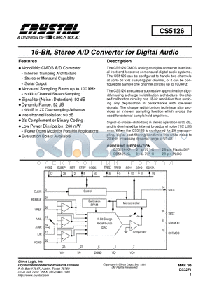 CS5126-KL datasheet - 16-Bit Stereo A/D Converter for Digital Audio
