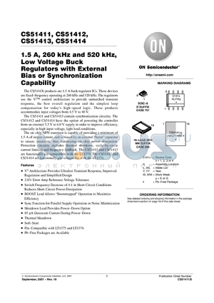 CS51411EMNR2G datasheet - 1.5 A, 260 kHz and 520 kHz, Low Voltage Buck Regulators with External Bias or Synchronization Capability