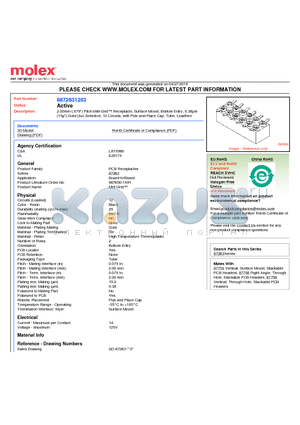 87263-1203 datasheet - 2.00mm (.079) Pitch Milli-Grid Receptacle, Surface Mount, Bottom Entry, 0.38lm (15l) Gold (Au) Selective, 12 Circuits, with Pick-and-Place Cap, Tube, Leadfree