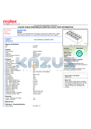 87263-1403 datasheet - 2.00mm (.079) Pitch Milli-Grid Receptacle, Surface Mount, Bottom Entry, 0.38lm (15l) Gold (Au) Selective, 14 Circuits, with Pick-and-Place Cap, Tube, Leadfree