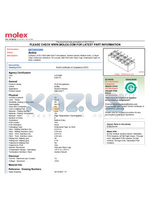 87263-3295 datasheet - 2.00mm (.079) Pitch Milli-Grid Receptacle, Surface Mount, Bottom Entry, 0.76lm (30l) Gold (Au) Selective, 32 Circuits, with Pick-and- Place Cap