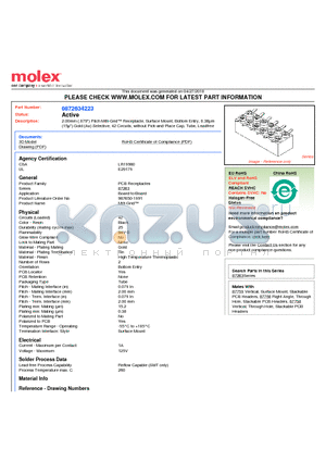 87263-4223 datasheet - 2.00mm (.079) Pitch Milli-Grid Receptacle, Surface Mount, Bottom Entry, 0.38lm (15l) Gold (Au) Selective, 42 Circuits, without Pick-and-Place Cap, Tube, Leadfree