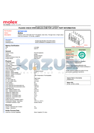 87264-1253 datasheet - 2.00mm (.079) Pitch Milli-Grid Receptacle, Side Entry, Through Hole, 0.76lm (30l) Gold (Au) Selective, 12 Circuits, Leadfree