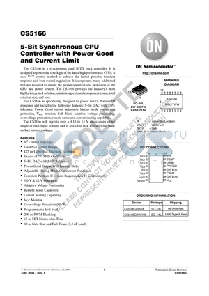 CS5166GDW16 datasheet - 5−Bit Synchronous CPU Controller with Power Good and Current Limit
