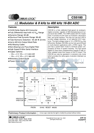CS5180-CL datasheet - Modulator & 8 kHz to 400 kHz 16-Bit ADC