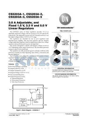 CS5203A-5 datasheet - 3.0 A Adjustable, and  Fixed 1.5 V, 3.3 V and 5.0 V  Linear Regulators