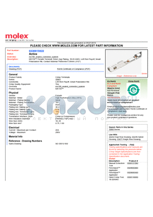 33001-5022 datasheet - MX150 Female Terminal, Silver (Ag) Plating, 18-20 AWG, Left Reel Payoff, SmallPolarization Rib, Contact Material Thickness 0.30mm (.012