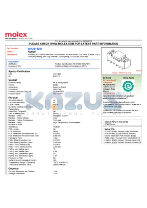 87381-4264 datasheet - 2.00mm (.079) Pitch Milli-Grid Receptacle, Surface Mount, Top Entry, 0.38lm (15l) Gold (Au) Plating, with Cap, without Locating Pegs, 42 Circuits, Lead-free