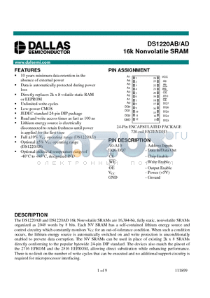 DS1220AB-100-IND datasheet - 16k Nonvolatile SRAM