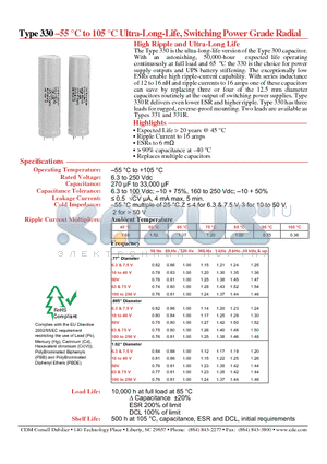 330100M6R3JS8E datasheet - -55 C to 105 C Ultra-Long-Life, Switching Power Grade Radial High Ripple and Ultra-Long Life