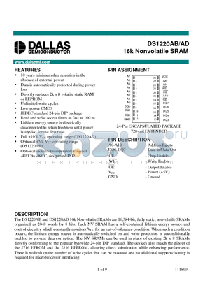 DS1220AD-120-IND datasheet - 16k Nonvolatile SRAM